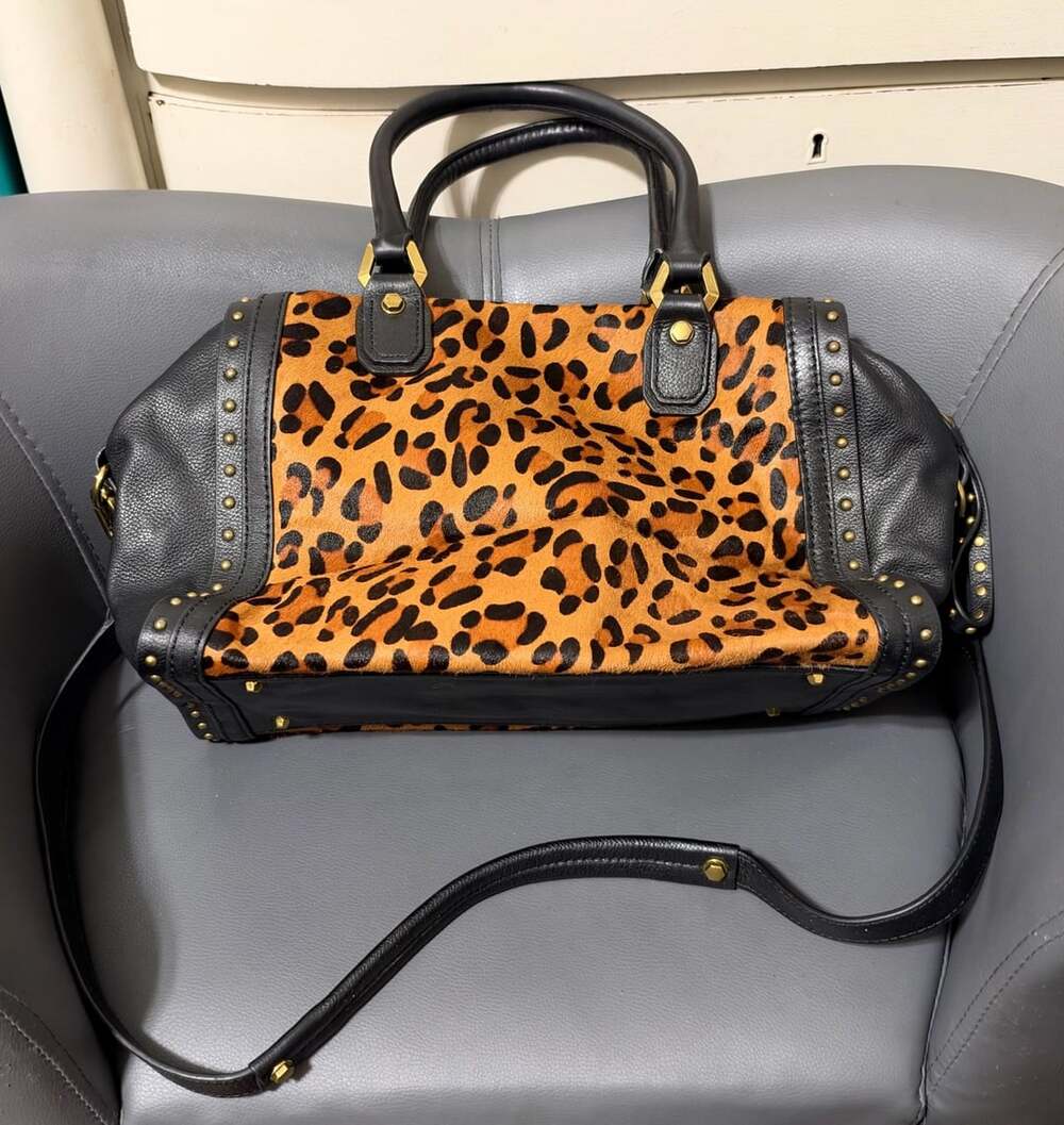OrYany Leopard Calf Hair Leather Studded Satchel Crossbody Handbag